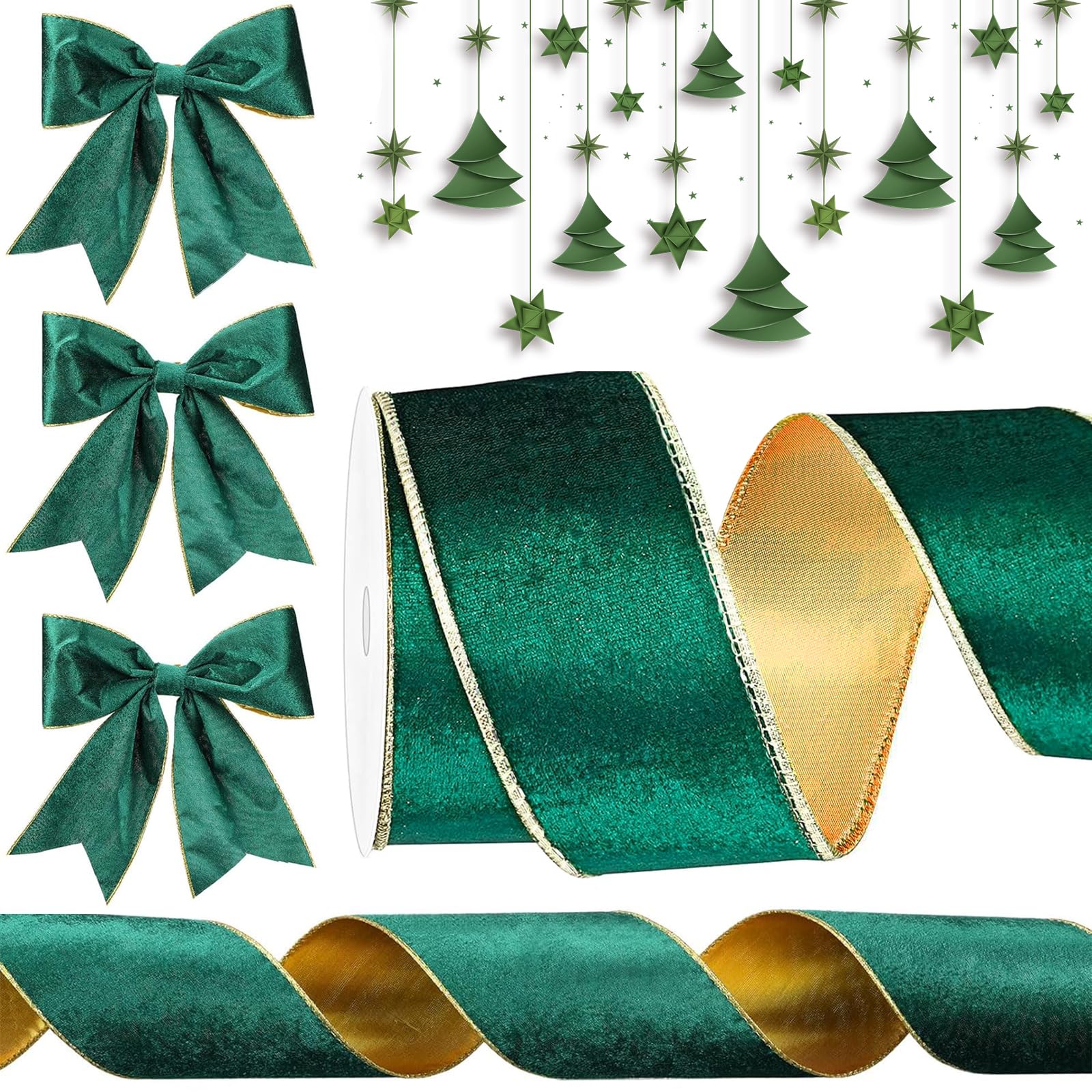 Christmas Ribbon, Christmas Decorations, 9.1m Soft Velvet Ribbons 63mm Xmas Tree Ribbon for Xmas Crafts, Gift Wrapping, Wreath, Top Bows, Sewing Xmas Tree Decorations (Green)