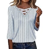 Rapbin Women Blouses Dressy Casual Spring Tops 3/4 Length Sleeve Womens T Shirts V Neck Criss Cross Tees