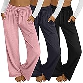 Velvelhall 3 Pack Women's Wide Leg Yoga Pants, Casual Drawstring Sweatpants Elastic Waist Loose Lounge Pants with Pockets