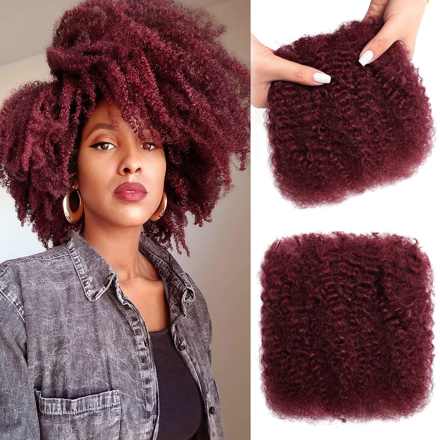 PORSMEER Afro Kinkys Curly Bulk Human Hair for Womens or Mens Dreadlocks & Loc Extensions Faux locs Braiding Twist 8 inch 30g/Pack 100% Human Hair (Burgundy) — image 1