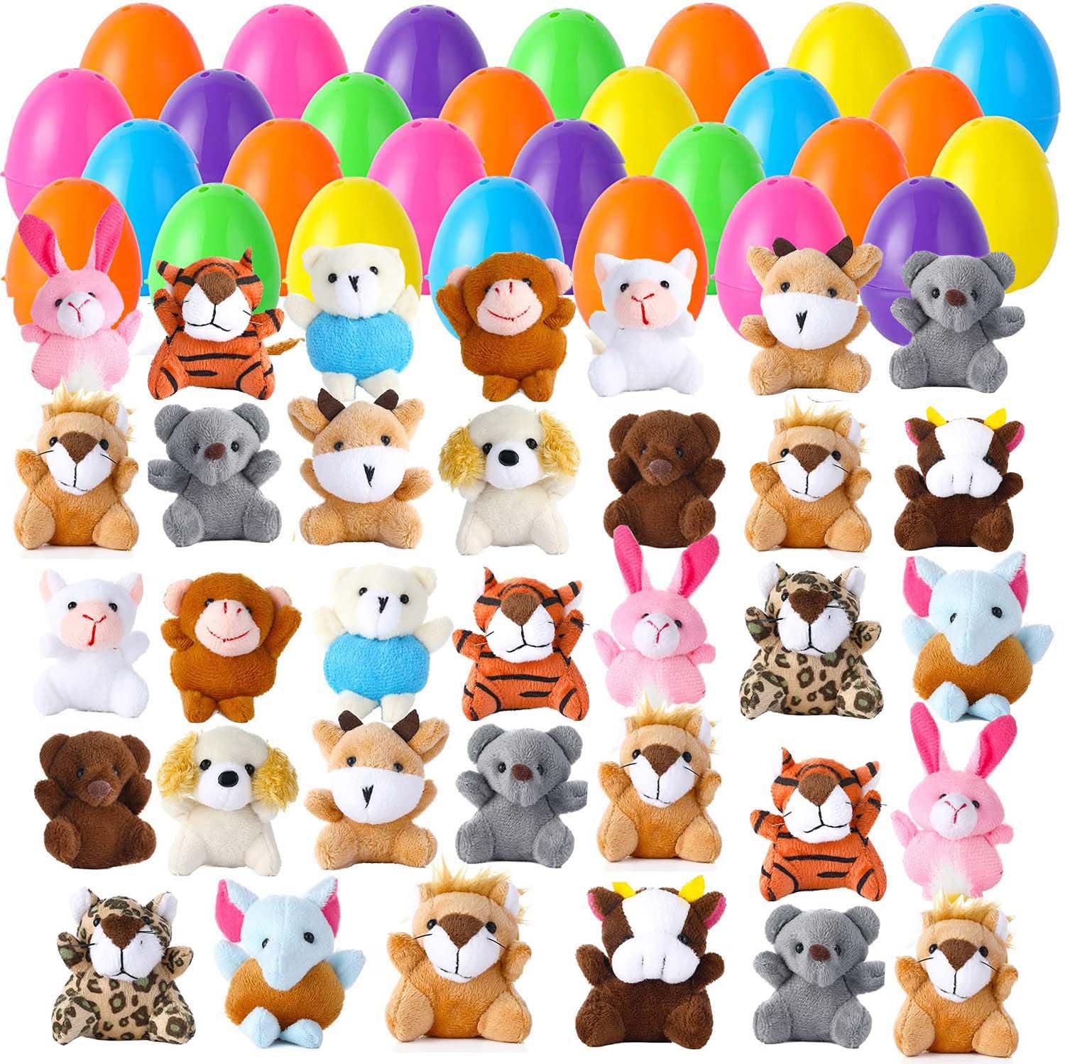 Twister.CK 28 Pack Easter Eggs Filled with Mini Plush Animals Stuffed Toy for Kids Basket Stuffers/Fillers, Easter Eggs Hunt, Easter Party Favor，Gift Exchange, Classroom Prize