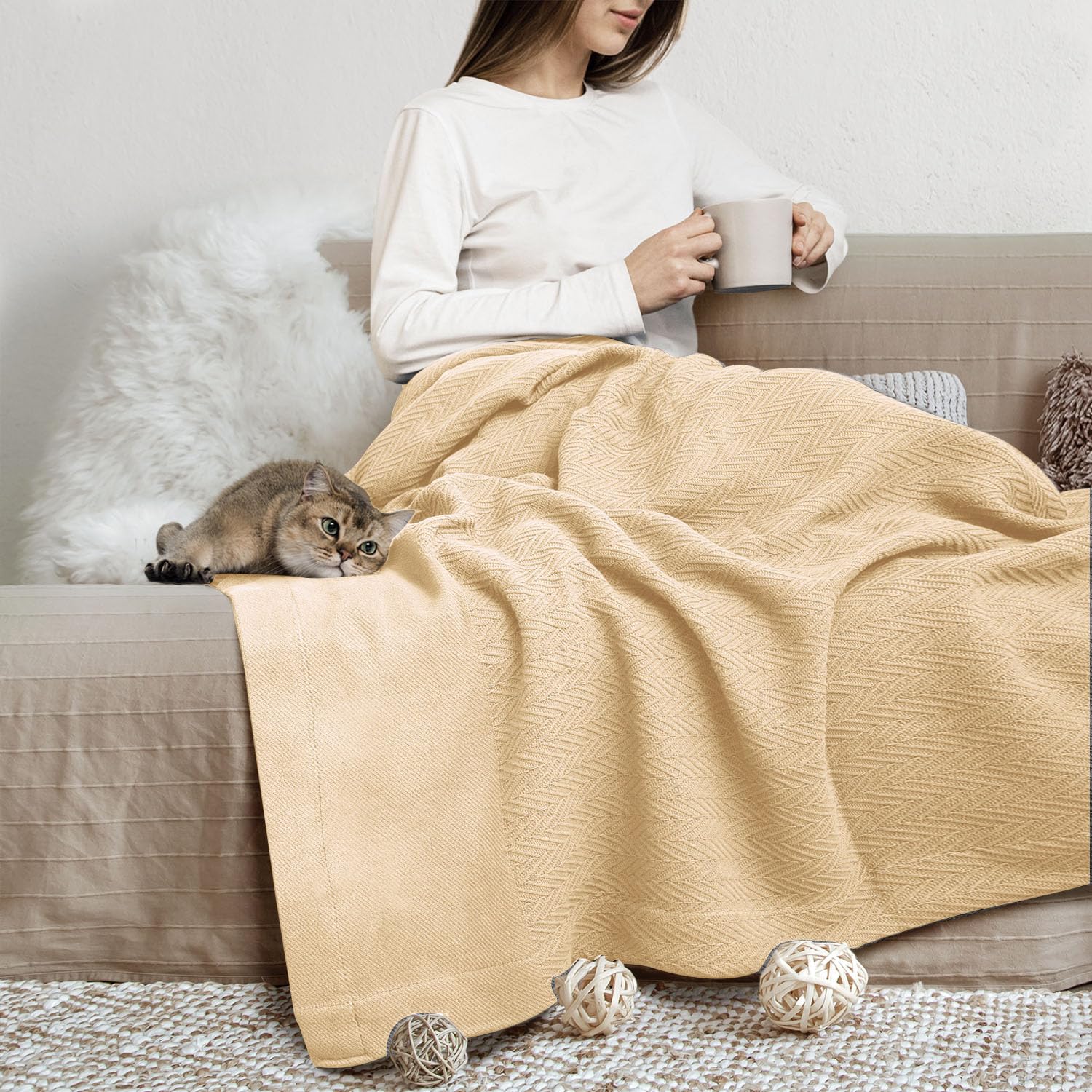 Photo 1 of THREAD SPREAD Knitted Geometric Herringbone Pattern Handwoven Blanket 100% Extra Long Staple Cotton - Soft & Cozy Thermal All Season Throw for Bed Couch Chair Outdoors (King/Cal King, Beige)