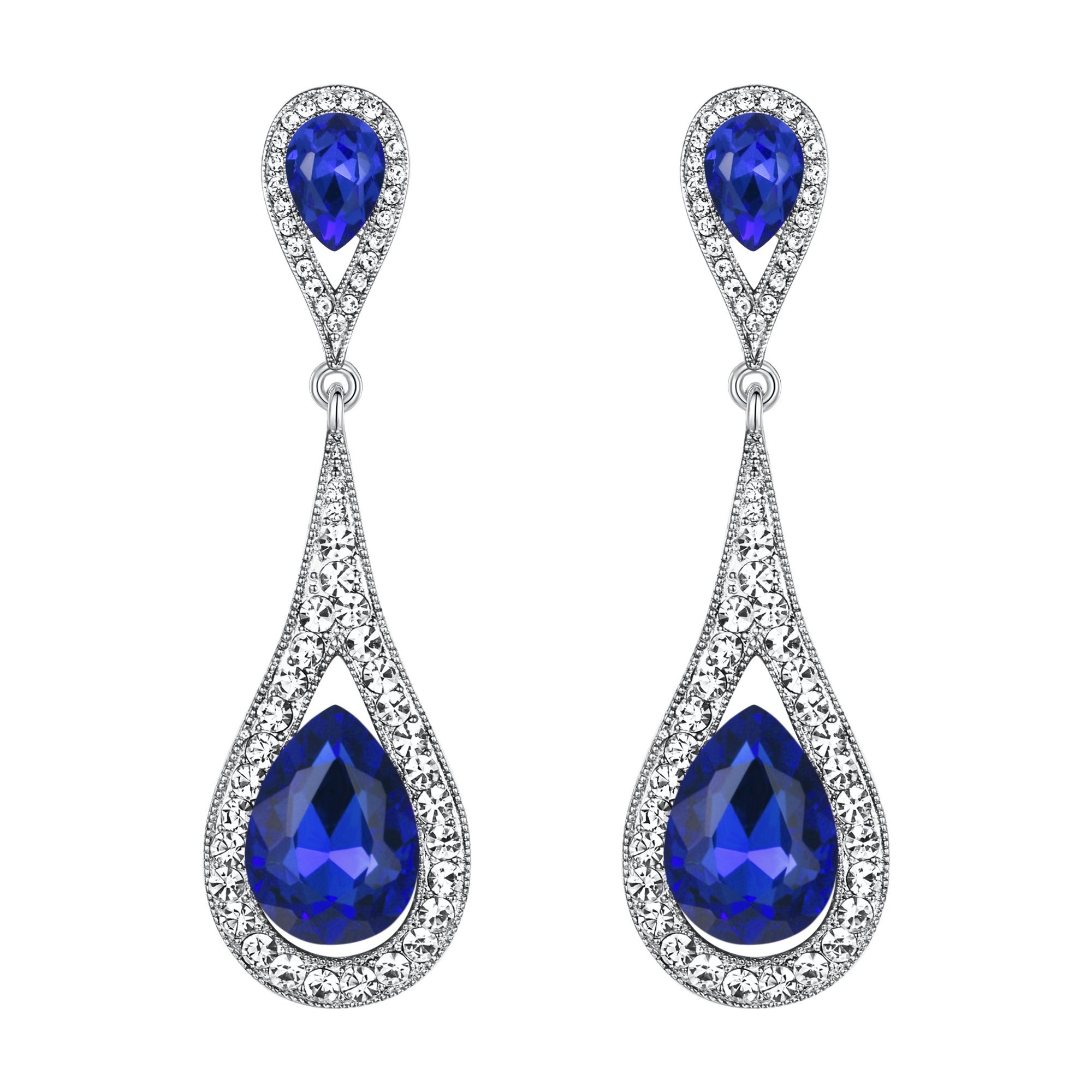 EVER FAITH Royal Blue Crystal Teardrop Dangle Earrings for Women Girls, Sparkly Rhinestone Vintgae Statement Drop Pierced Earring Wedding Prom Birthday Party Jewellery for Brides Bridal Silver-Tone โ image 1