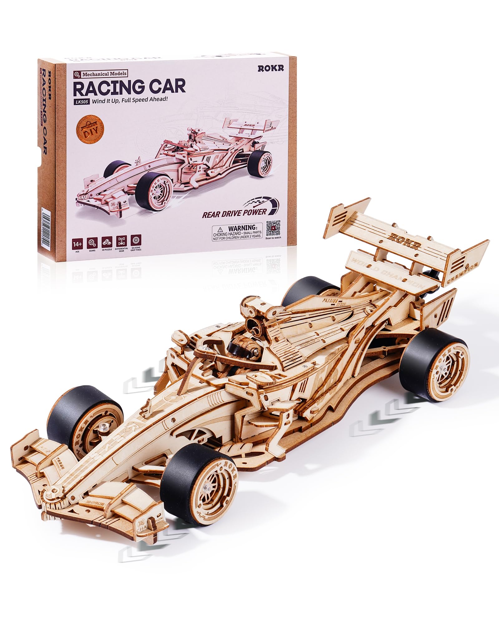 ROKR 3D Puzzle Racing Car Wooden Model Kits for Adults Children, Mechanical Gear Models DIY Gifts for Men Women, Racing Car, LK505