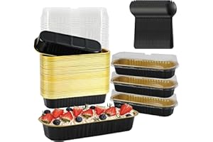 BAKINGPAK Aluminum Mini Loaf Pans, 50PCS 6.8OZ 200ML Rectangle Disposable Foil Ramekins Mini Cake Pans With Lids Aluminum Pans With Lids For Wedding Brithday Holiday Party, Black Gold