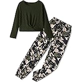 KIDOOPIX Girls' Clothing Sets Knit Crew Neck Twist Front Tops and Camo Elastic Waist Pants Girls Clothes
