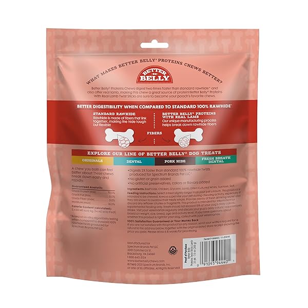 BETTER BELLY PROTEINS WITH REAL LAMB TWISTS, DIGESTIBLE RAWHIDE FOR DOGS, 25 COUNT