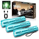 BUCASA Rechargeable Flashlights High Lumens 3 Pack (Turquoise), Brighter Small Flashlight Powerful Tactical Flashlights Rechargeable, Waterproof LED Flashlight with 3 Modes for Camping Emergency