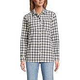Lands' End Women's Print Anyweather Fleece Shirt Jacket Large Ivory Latte Plaid