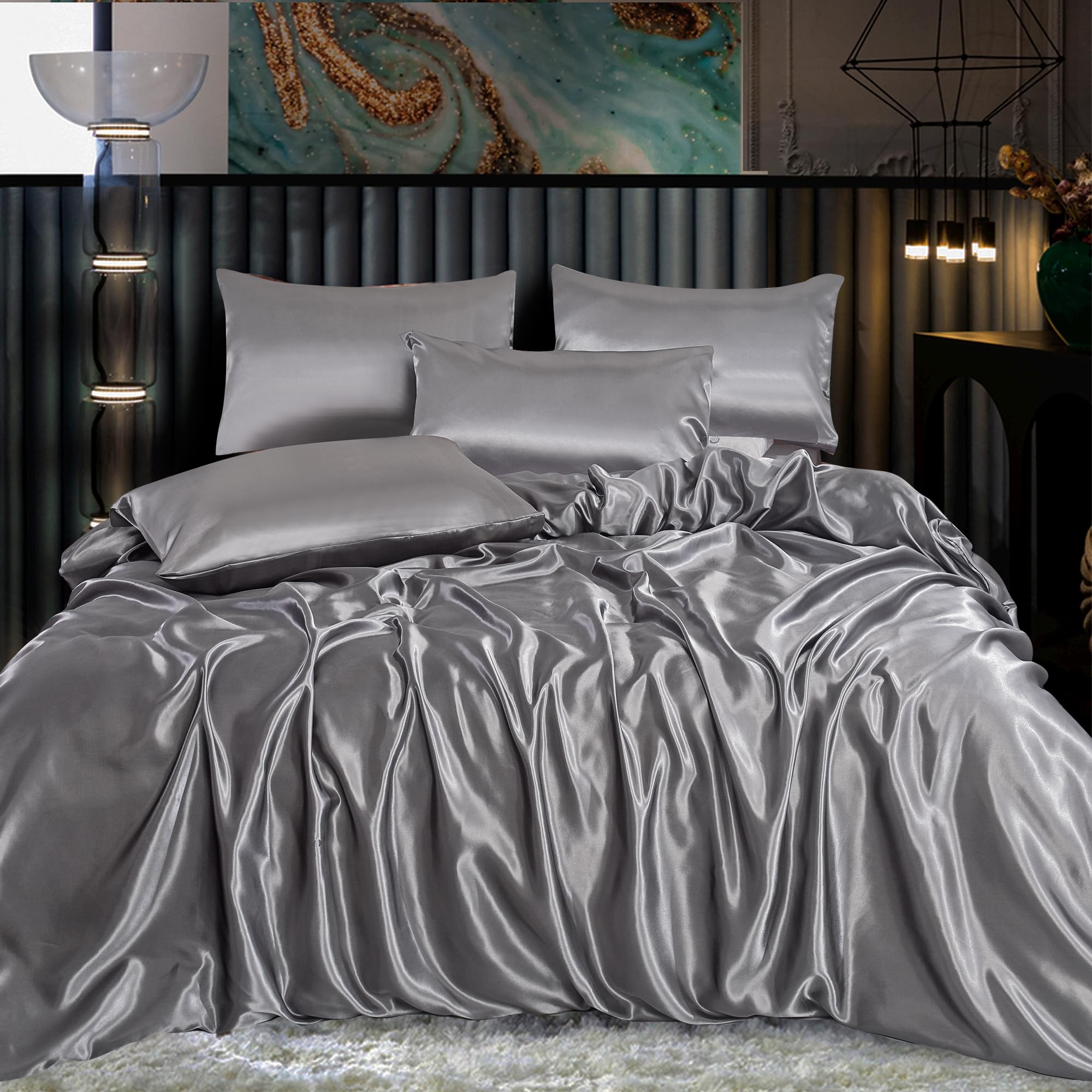 ROOEE Satin Silk Complete Bedding Set - 4 PCS - Fitted sheet, Duvet Cover, 2 Pillow Cases. Color - Silver Size - Single