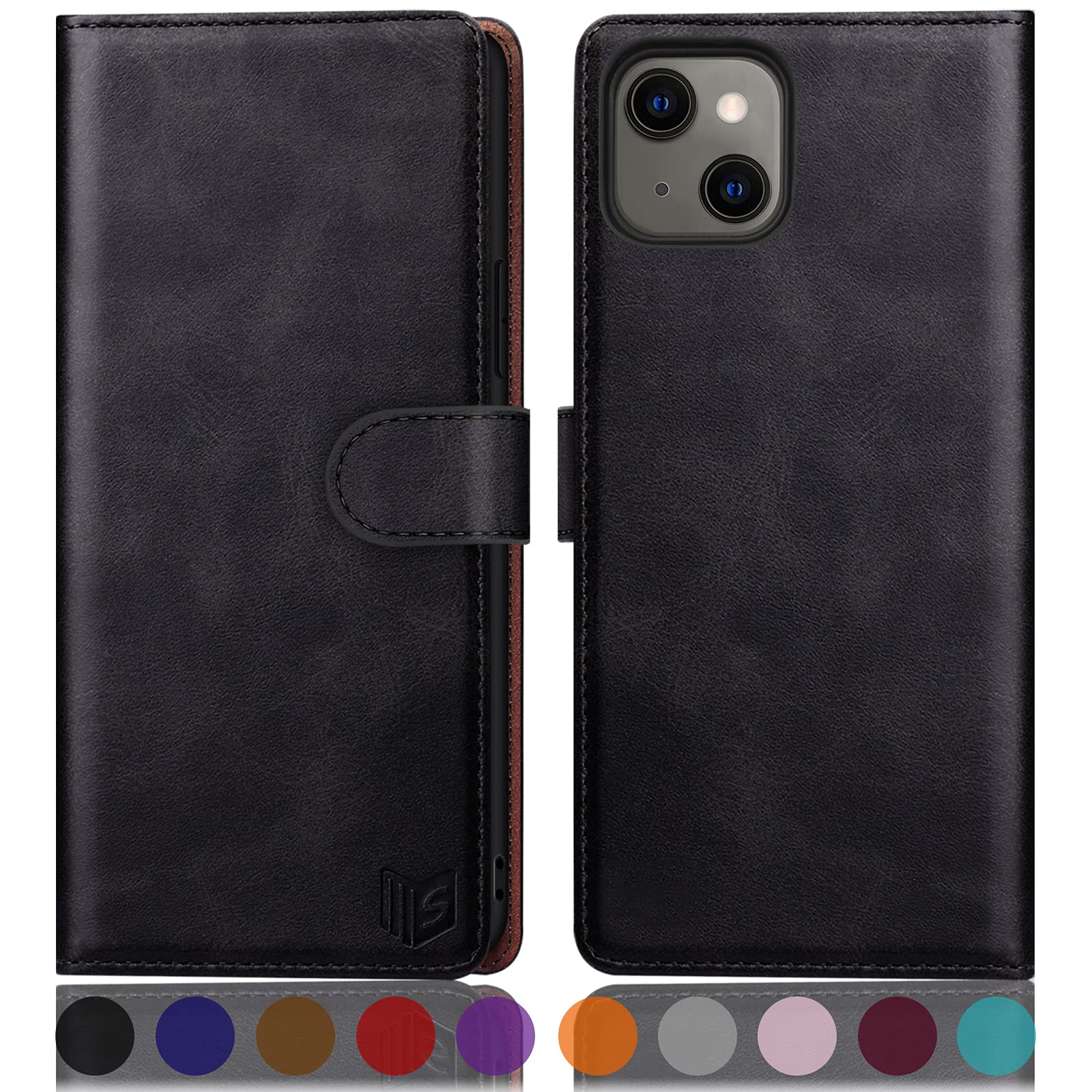 SUANPOT for iPhone 13 5G 6.1 inch case with [Credit Card Holder][RFID Blocking],PU Leather Flip Book Protective Cover Women Men for Apple 13 Phone case Black