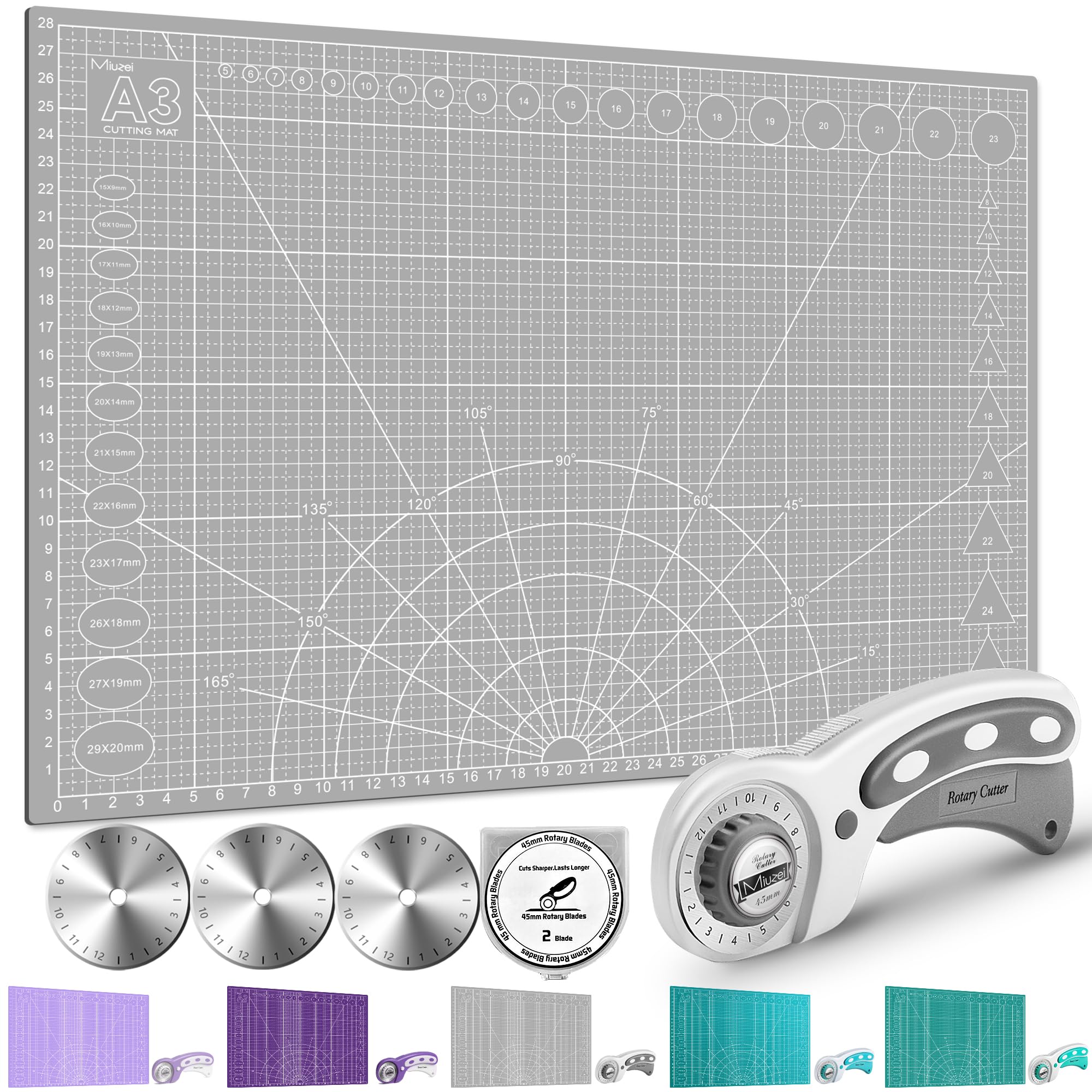 Miuzei Rotary Cutter Set: A3 Cutting Mat, 45mm Fabric Cutter, Self-Healing Craft Mat, Quilting Kit, Suitable for Cutting Fabric, Sewing, Leather and Paper Gray
