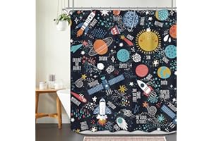 Ufeela Kids Cartoon Planet Shower Curtain 60Wx72L Inch Boys Outer Space Rocket Cute Solar System Universe Galaxy Cosmos Shower Curtain Bathroom Set Children Bath Curtain Bathtub Accessories Home Decor