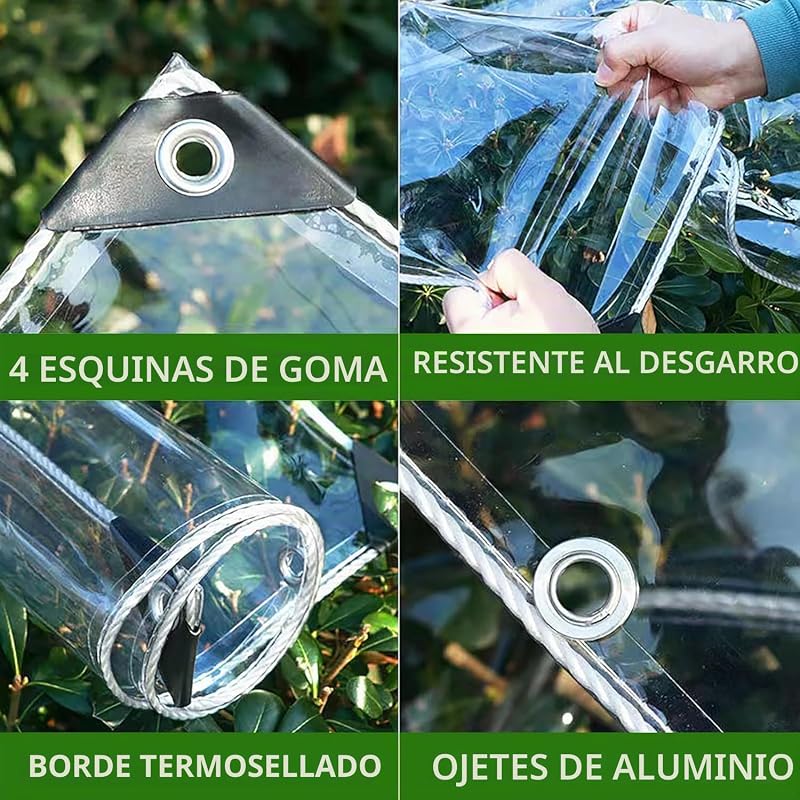 Lona transparente com ilhós, PVC impermeável de 1x2m para exterior 450g/m², proteção UV e resistente a rasgos, inclui toldo de corda para pérgola, jardim, estufa e piscina