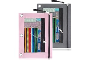 BOWLUQ Pencil Pouch for 3 Ring Binder, 2 Layer Zipper Pouches with Mesh Window, Oxford Clear PVC Pencil Holder Stationery Organziers Bag for School Classroom Supplies