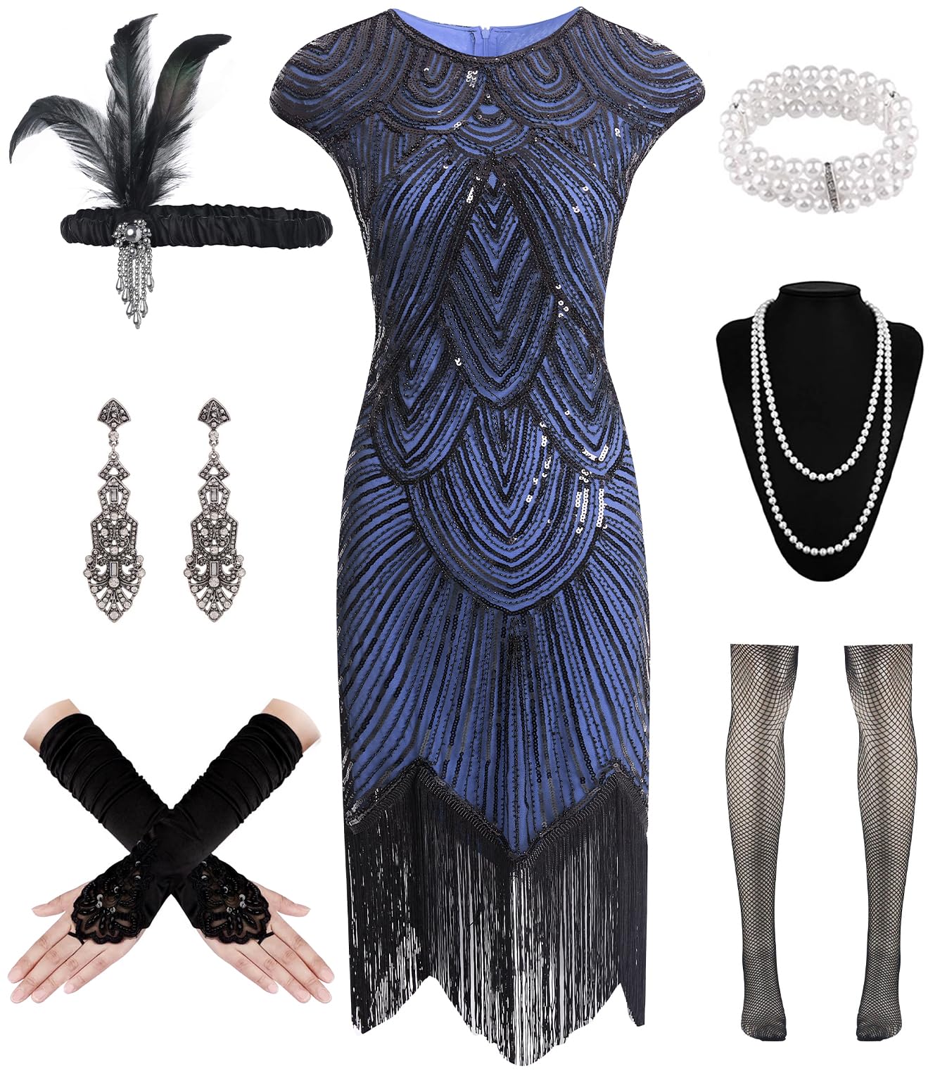 WILDPARTY 1920s Dresses for Women, Flapper Dress with Sequins Beaded Fringed Mesh Stockings, 20s Accessories Mafia Costume Ladies — image 1