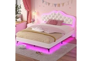 ADORNEVE Full Bed Frame with RGB LED Lights, Princess Bed Frame with Adjustable Crystal Button Headboard, Velvet Upholstered Platform Bed for Girls, Solid Wooden Slats, Easy Assembly, Creamy White