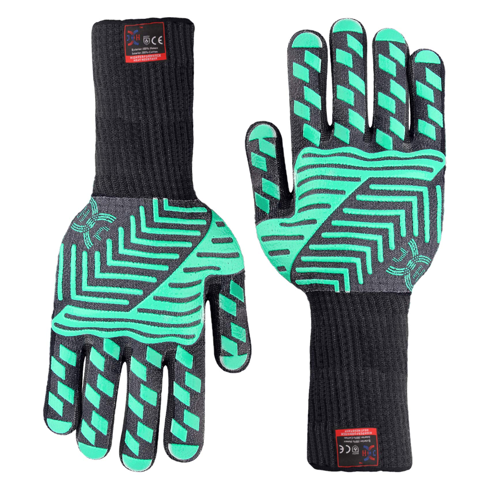 Heat Resistant Oven Gloves: EN407 Certified Withstand 932 °F, Double Layers Silicone Coating, BBQ Gloves & Oven Mitts For Cooking, Kitchen, Baking, Fireplace, Grilling, 1 Pair, Extended Long Cuff