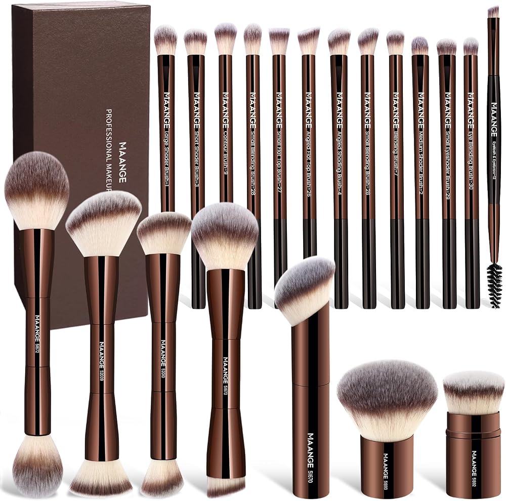 MAANGE 20 Pcs Makeup Brushes with Gift Box, Double-End Multi-functional Makeup Brushes for Blending Liquid Powder Concealer C