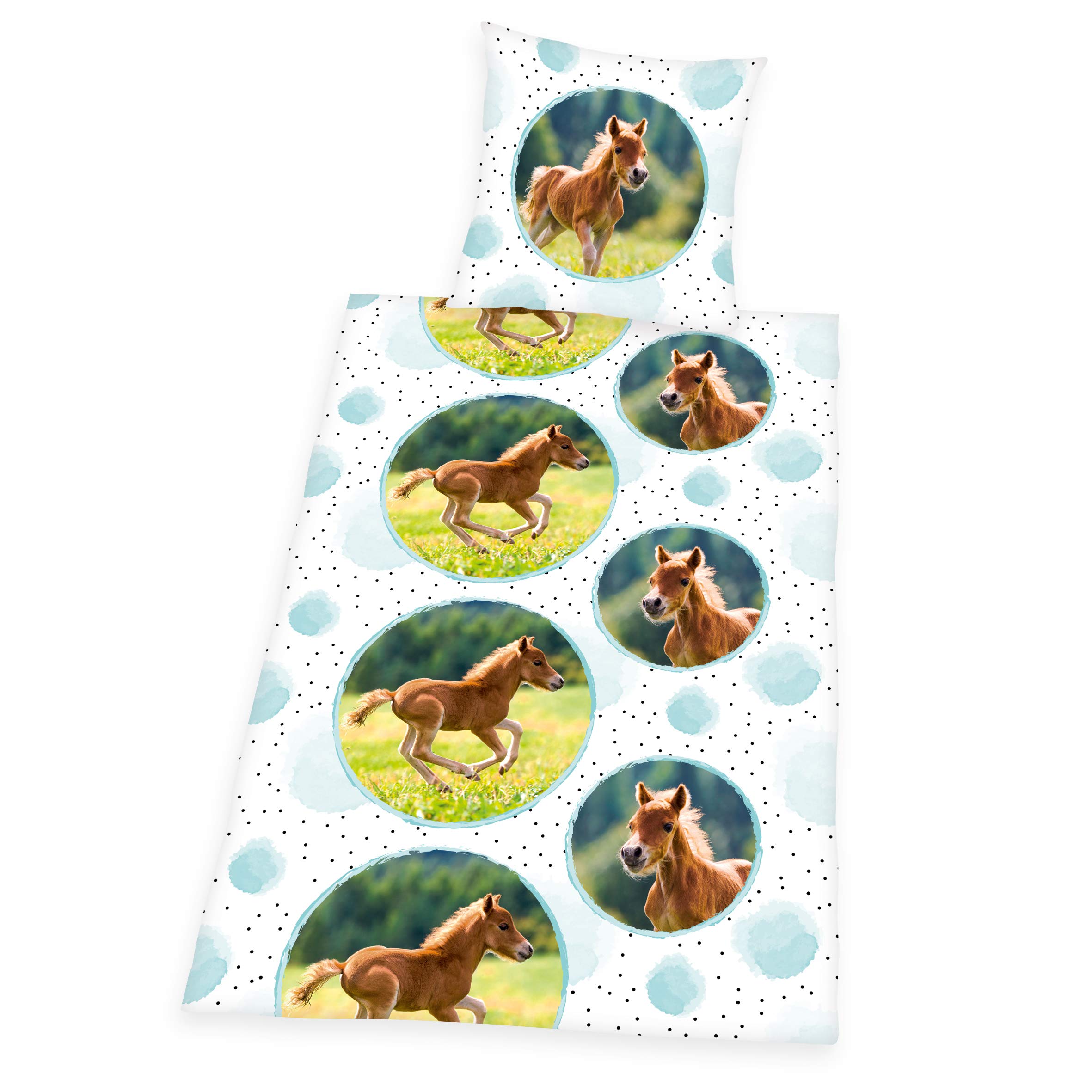 Herding Young Collection Bedding Set, Horses, Reversible Design, Duvet Cover 135 x 200 cm, Pillow Case 80 x 80 cm, Flannel