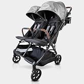 Strolee Lightweight Double Side by Side Stroller for Travel - 22 Lbs, 9.5" Compact Fold, Infant to Toddler, No Rethread Harness, Magnetic Buckle &amp; Ultra Plush Seat 60Lb Max Per Seat- (v2 Shadow)