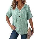 Dokotoo Womens Summer Tops 2026 Short Sleeve Button V Neck Waffle Knit Lightweight Drawstring Hoodies Casual Blouses Shirts