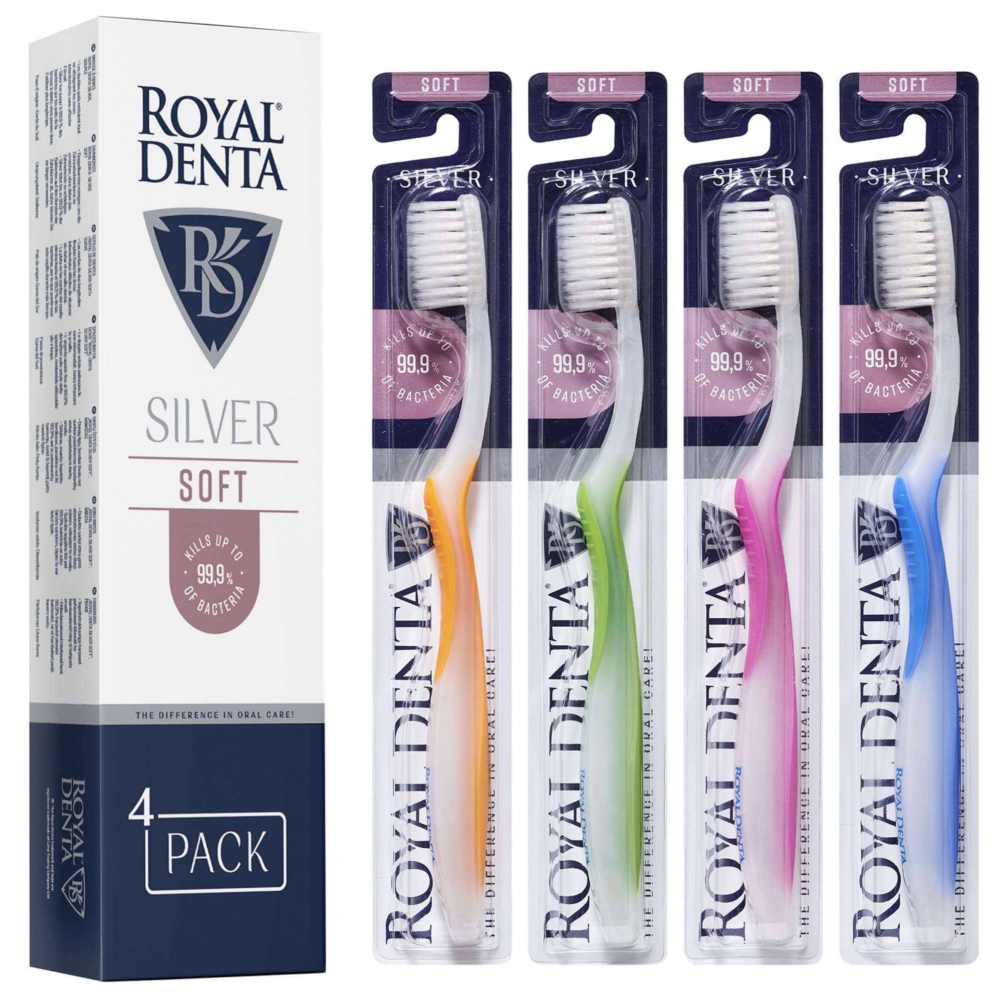 Royal Denta Soft Toothbrushes Multipack for Adults, Dual Length Silver-Infused Soft Bristles for Sensitive Teeth & Gums - Interdental Cleaning & Flossing Tooth Brush Set, Pack of 4 (Multi-Colour)