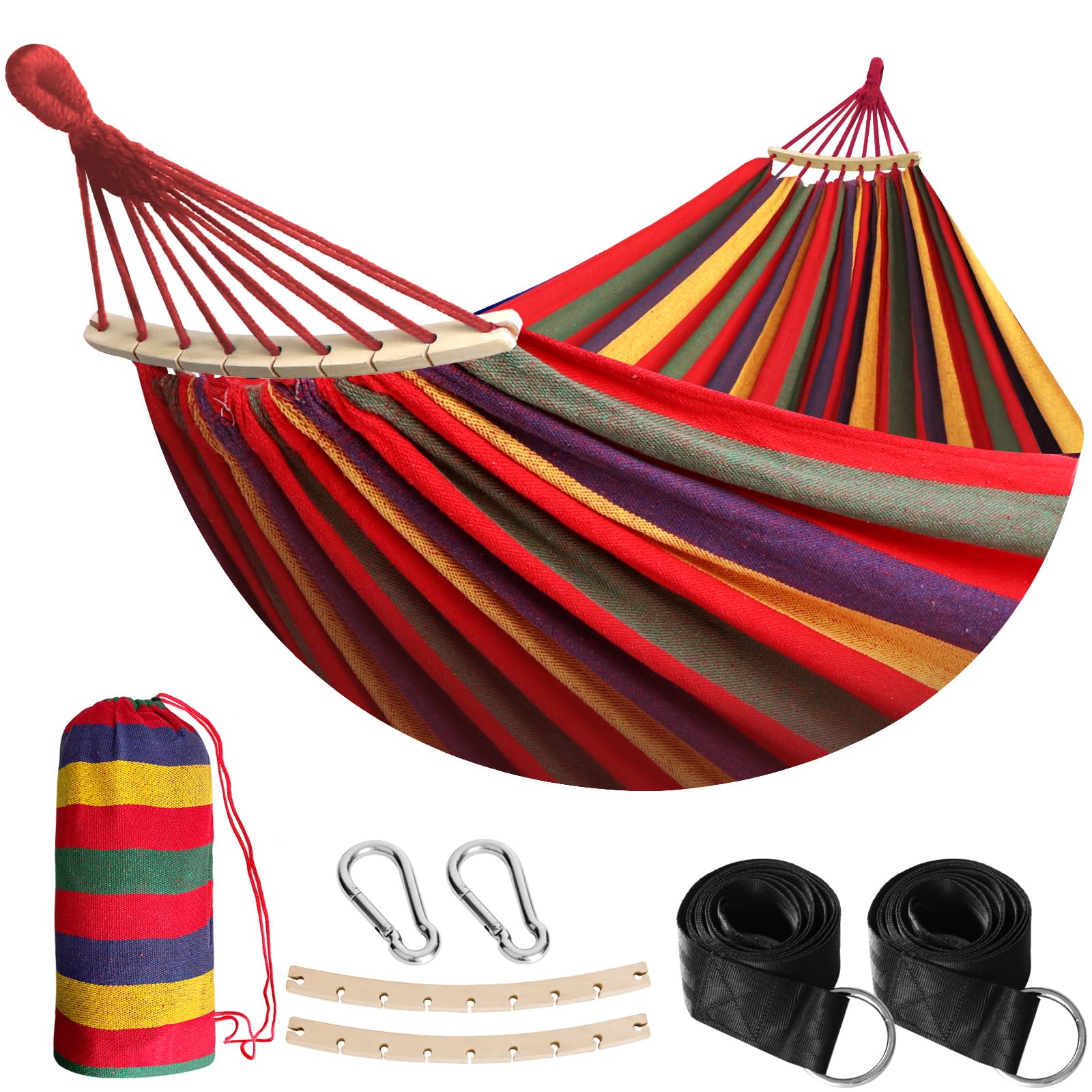 ANYOO Outdoor Cotton Hammock with Tree Straps, Portable Camping Hammock with Spreader Bars, Travel Bag for Indoor Balcony Garden Patio Yard
