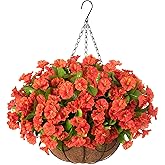 Ammyoo Artificial Hanging Flower Plants with Basket for Summer Autumn Outdoor Decoration, Faux Petunias Flowers Fake Morning Glories Planter for Outside Patio Garden Porch Balcony Yard Decor(Orange)