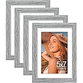 Vittanly 5x7 Picture Frame Set of 4, Display Pictures 4x6 with Mat or 5x7 without Mat, Engineered Wood with Shatter Resistant Plexiglass, Small Photo Frames for Wall or Tabletop Display, Grey