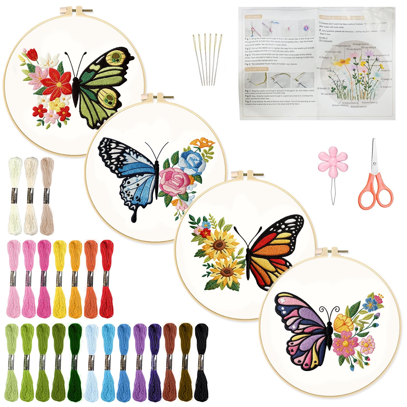 INFUNLY 4 Set Butterflies Embroidery Kits for Beginners Adults Rose Flowers Embroidery Starter Kit Mountain Colorful Butterfly Floral DIY Sewing Needlepoint Kit with Instructions Pre-Printed Pattern — image 1