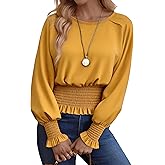 ZEEJINNG Women Shirred Smocked Trim Blouses Tops Crew Neck Peplum Puff Long Sleeve Dressy Business Work Shirts