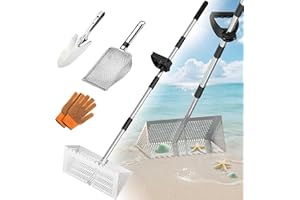 QWUIU Sand Flea Rake, Sand Sifter for The Beach, Stainless Steel Shark Tooth Sifter with Detachable 16-Inch-Wide Drainage Mesh and Ergonomic Long Handle for Finding Fleas, Shells and Shark's Teeth, 55 Inch