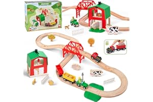 Wooden Farm Train Set for Toddlers, Battery Operated Train Railway Track Set with Bridge, Barn, Animals, Tractor Cargo Trains