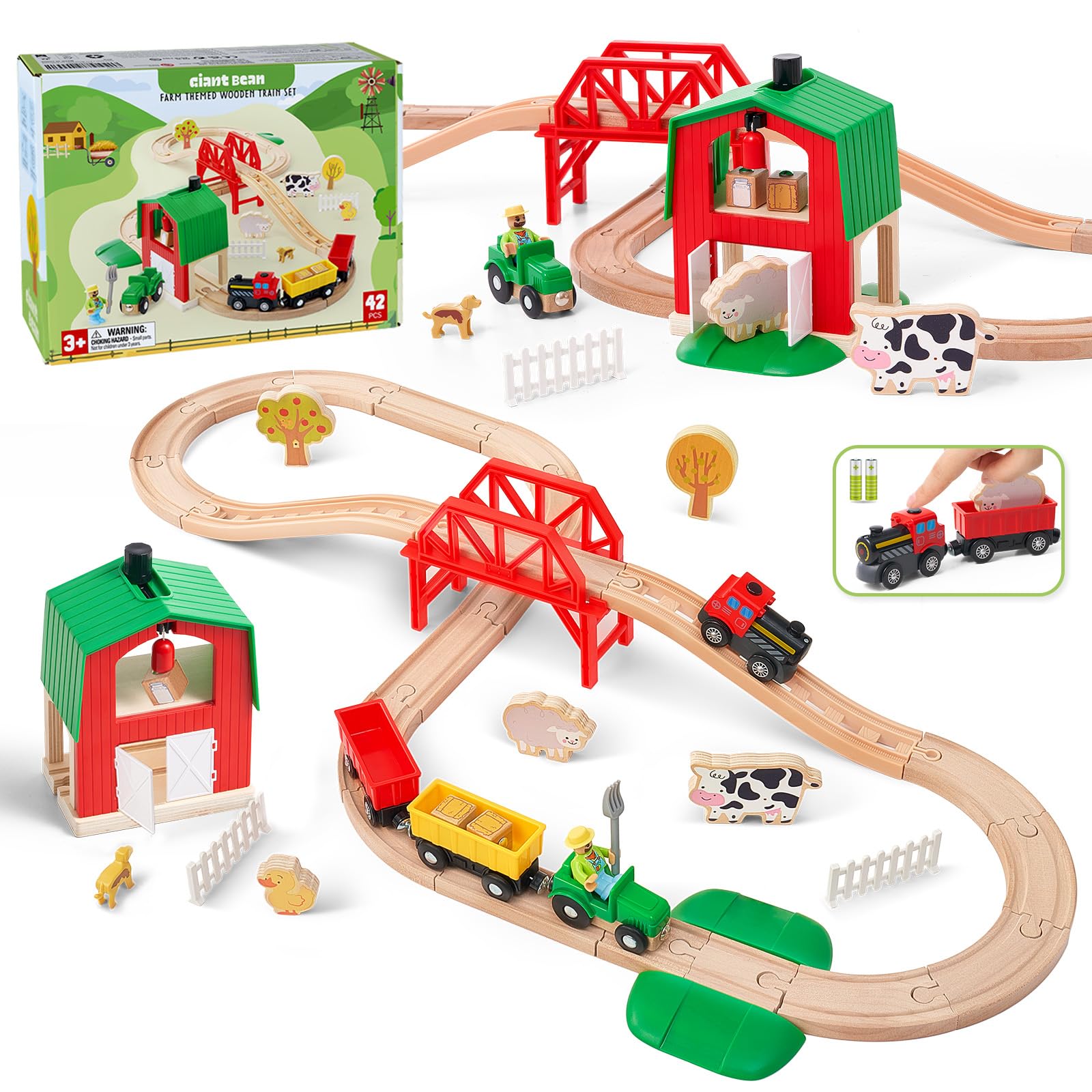 Giant bean Wooden Train Set, 42 PCS Wooden Farm Train Track for Toddlers, Battery Operated Train Railway Track Set with Bridge, Barn, Animals, Tractor Cargo Trains, Toy Gifts for Boys Girls Age 3-8