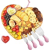 hecef 7pcs Cheese Board Set, Charcuterie Boards Set with Knives & Ceramic Bowls, Heart-shape Serving Board Set for Birthdays, Weddings, Feast, Housewarming(Pink)