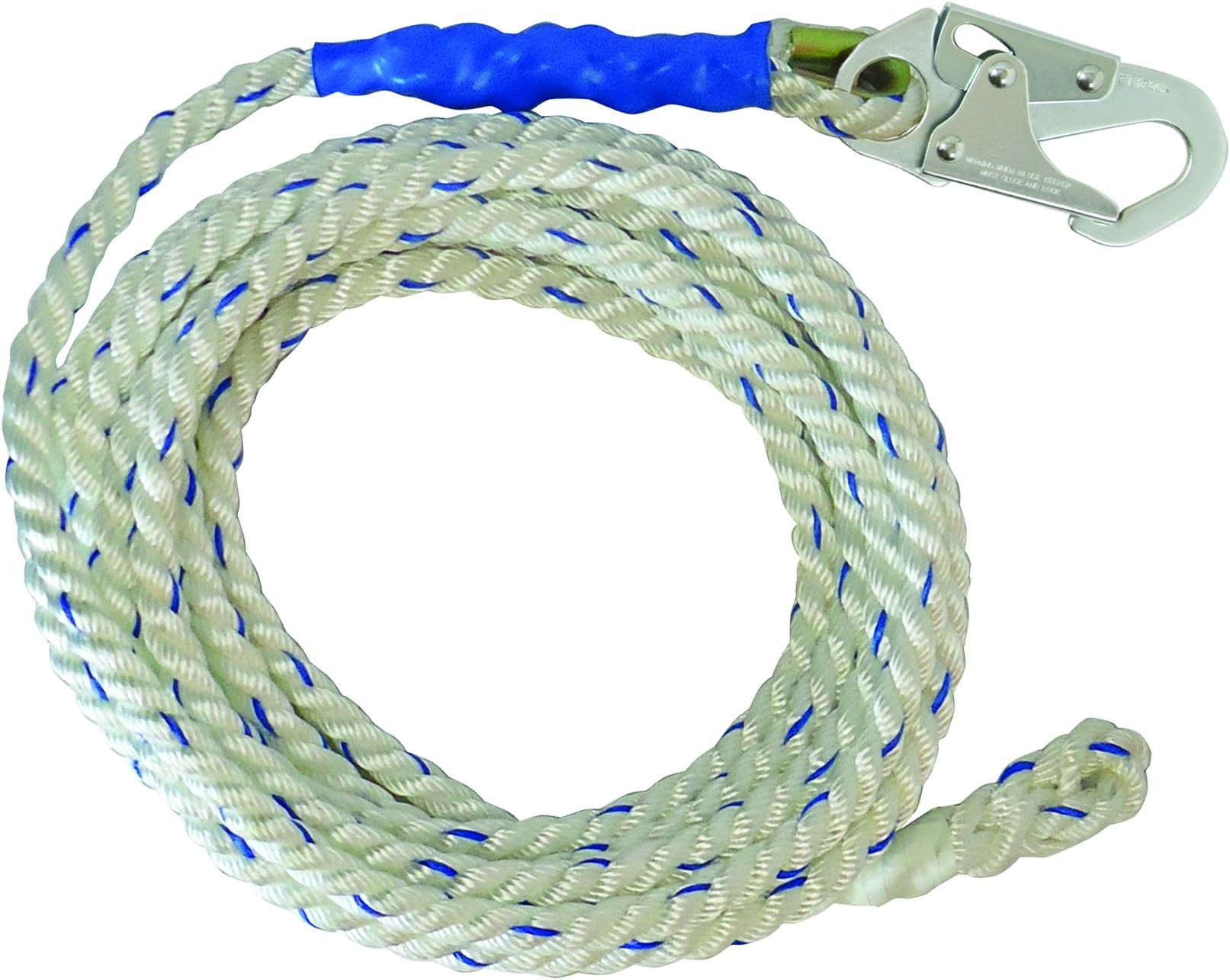 FallTech81505 Vertical Lifeline, Rope - 5/8" Premium Polyester Rope with 1 Snap Hook and Braid-End, 150', White/Blue