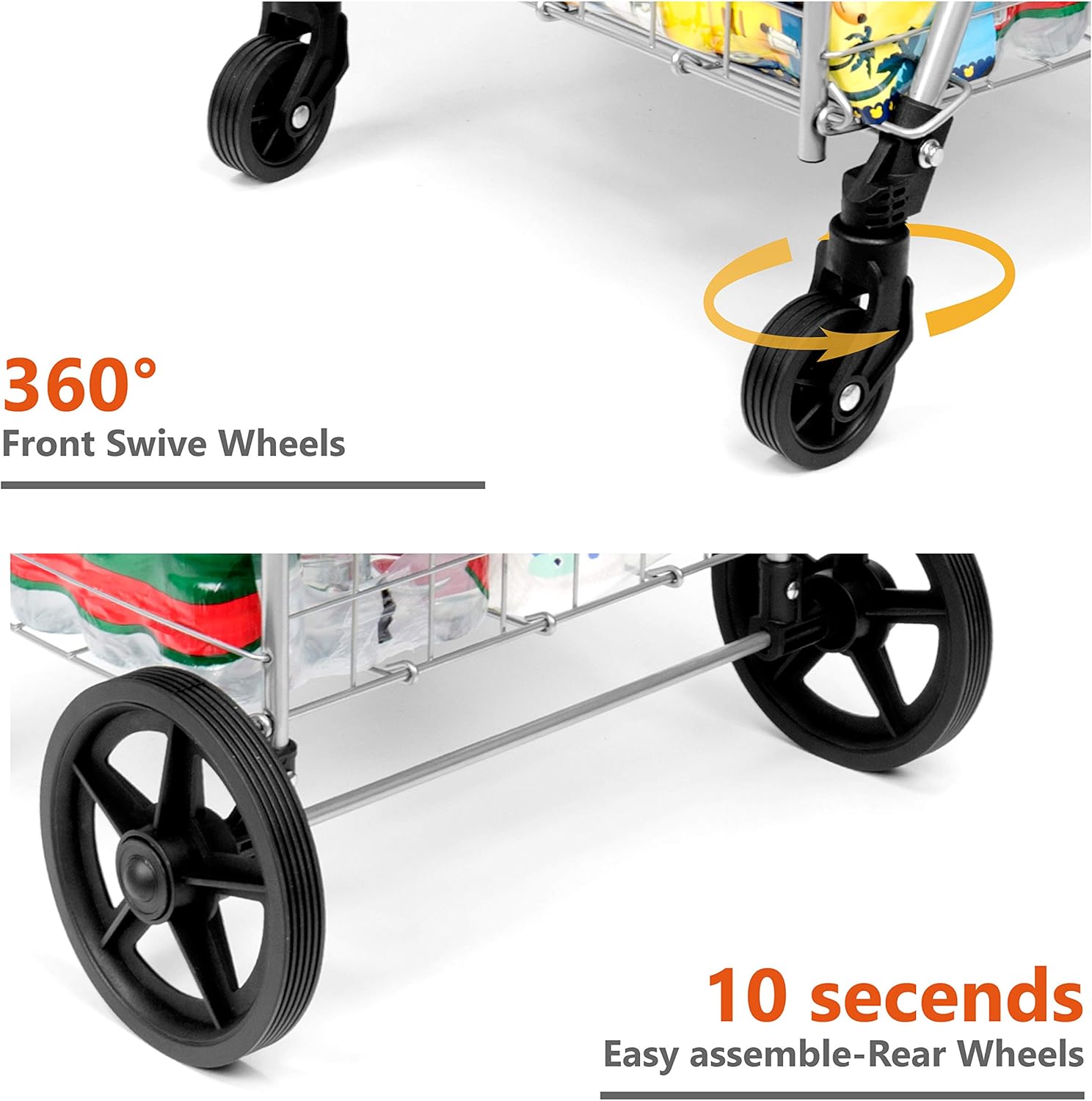 SUPENICE Grocery Utility Shopping Cart - Deluxe Folding Cart with Double Basket and 360° Rolling Swivel Wheels 66 lbs Utility Cart with Wide Cushion Handle Bar for Grocery Laundry Book Luggage Travel : Office Products
