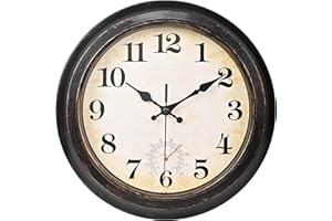 Yoiolclc 12 Inch Outdoor Clock Waterproof with Thermometer Retro Wall Clock for Garden Patio Pool Home(Bronze)