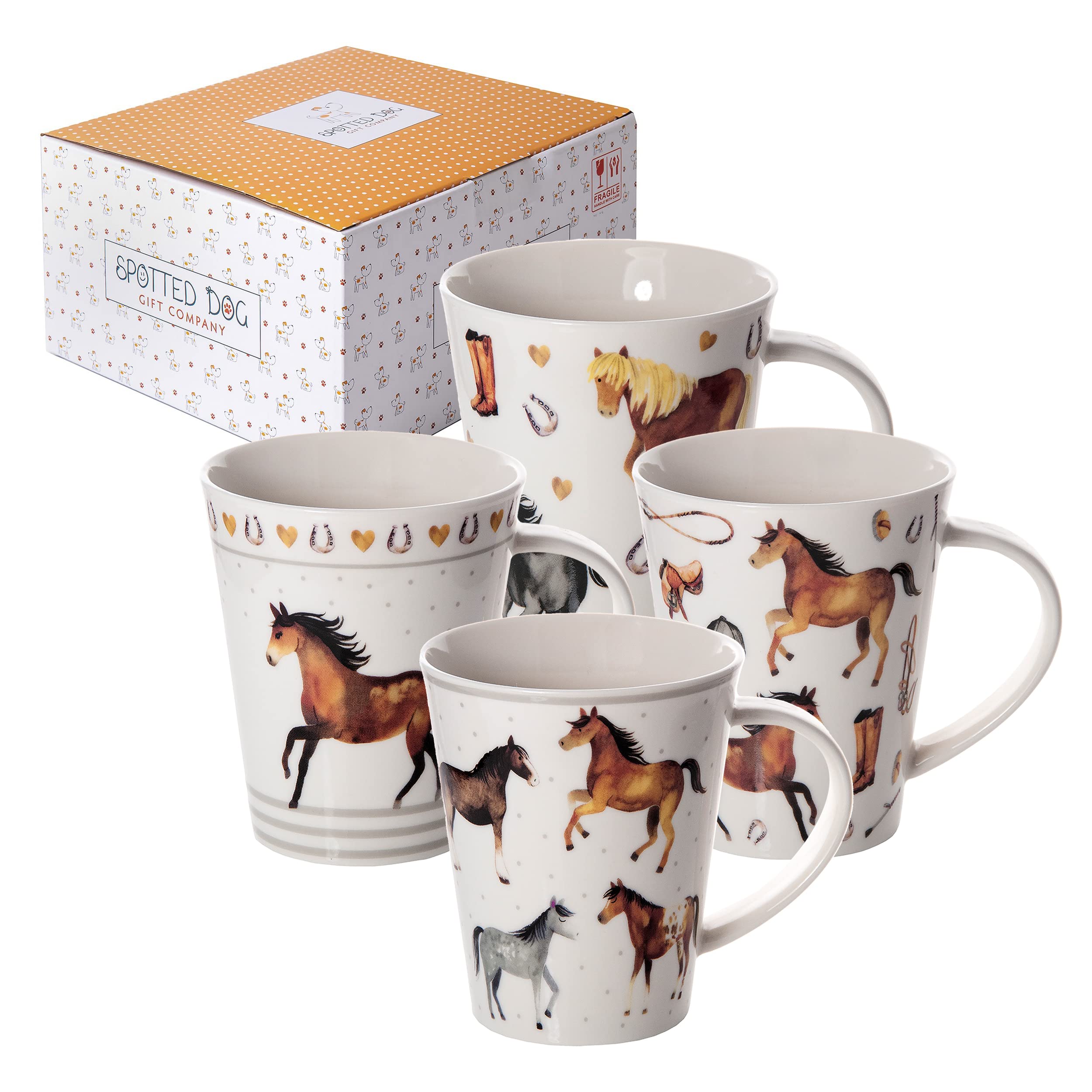 SPOTTED DOG GIFT COMPANY Mug Set of 4 Animal Coffee Mugs with Horse Themed Design, Ceramic Porcelain China Tea Coffee Cups, Equestrian Gifts for Horse Lovers Women Girls Men with Gift Box, 360ml