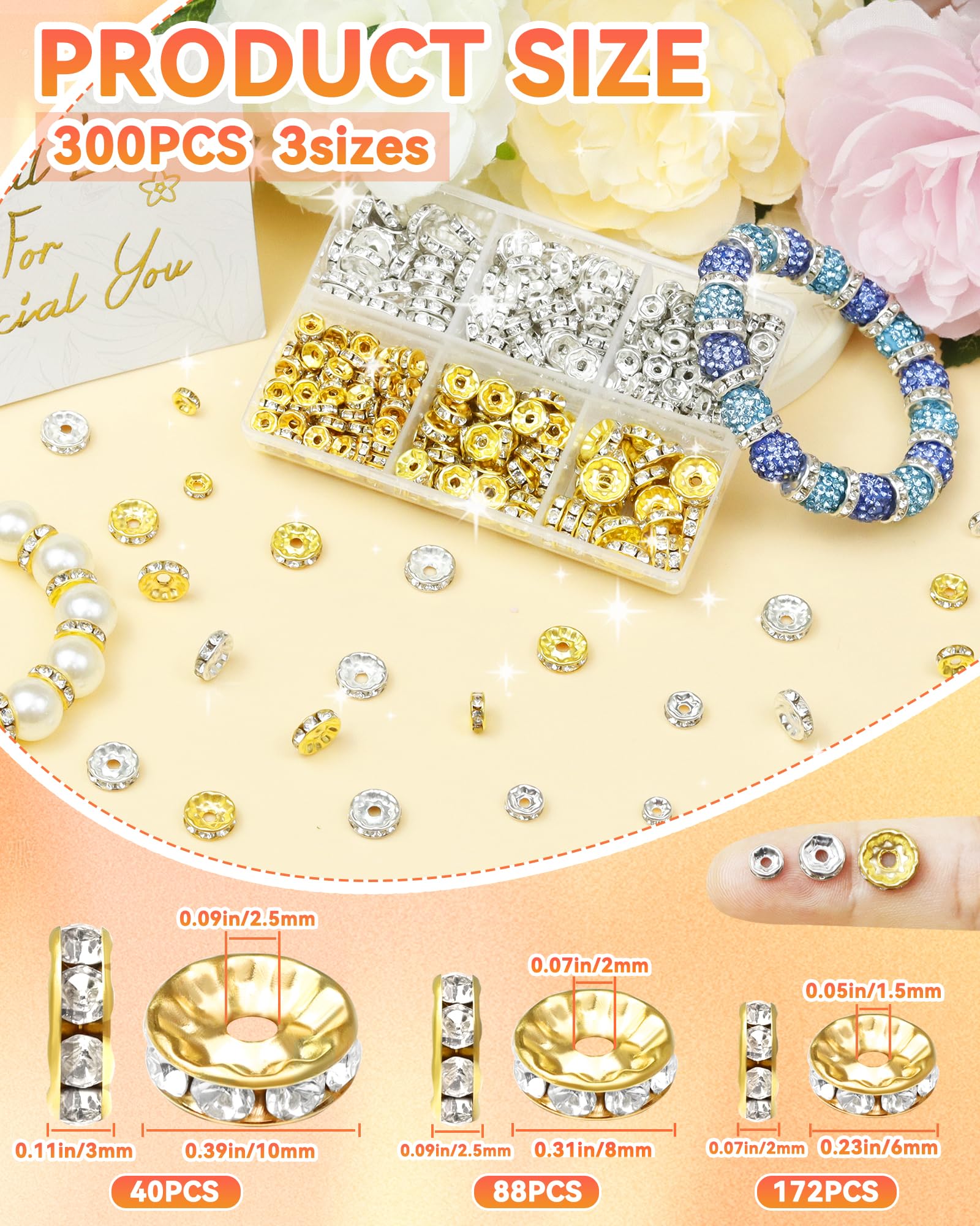 300pcs FIVEIZERO Rondelle Spacer Beads for Jewelry Making, 6mm, 8mm, 10mm Beads with Holes, Gold & Silver Rhinestone Beads for Beaded Pens, Craft Projects, Bracelets & Necklaces