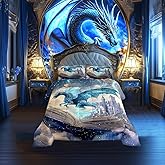 3D Dragon Bedding Set Queen Size Funny Fantasy Book Pattern Comforter Set for Kids Teens Room Decor Mid-Century Castle Duvet Insert Western Wild Animal Down Comforter Set,3Pcs