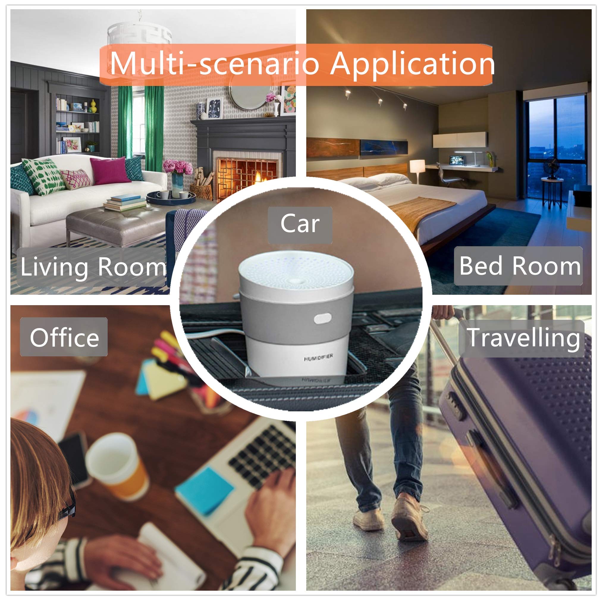 KIART Quiet Cool Mist Humidifier, 260 ml Mini Portable USB Humidifier with 7-color Night Light, Smart Sleep Mode, Auto Shut Off for Home Car Office Travelling