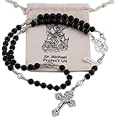 HanlinCC Black Lave Stone Beads Saint Michael Catholic Rosary Necklace with Gift Bag
