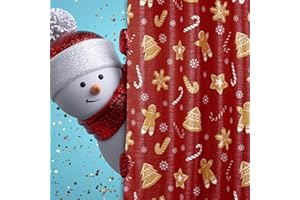 POPKOZZI Red Glitter Christmas Shower Curtain: Winter Holiday Season Bathroom Décor with Xmas Tree Snowflake Candy Cane Gingerbread Man Stars - Cute Festive Bathroom Accessories & Gift Set for Kids - 72x72