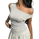 EMMIOL Off Shoulder Tops for Women Cute Sleeveless Polka Dot Shirts Ruched Sexy Going Out Tank Top Y2K Clothes