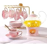 DUJUST 21 pcs Small Tea Set of 6, Pink Marble Set, Handcraft Golden Trim, Porcelain Tea Pot Set for Kids&Adults, 1 Glass Teapot(22oz), 6 Cups(4oz), 6 Saucers, 6 Spoons, 1 Shelf&1 Warmer
