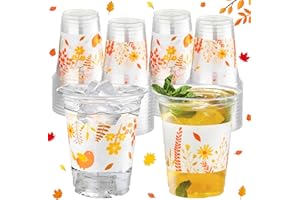 G1ngtar 50Pcs Fall Party Plastic Cups - 12 Oz Autumn Wild Flowers Disposable Clear Cups, Orange Floral Drinking Beverage Cups for Birthday Thanksgiving Harvest Party Supplies Decorations