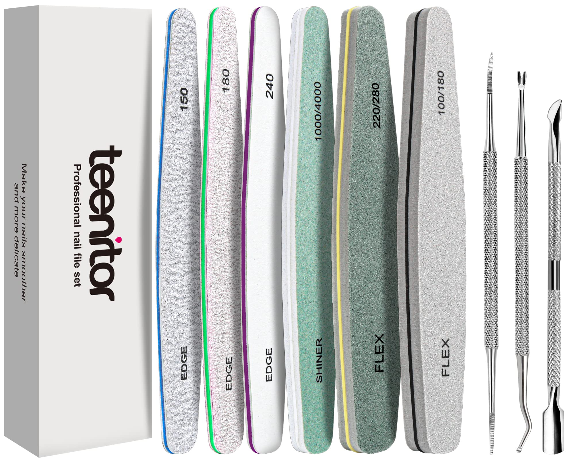 Teenitor Emery Boards Nail Files with Toenail Lifters & File Set,6pcs Professional Nail Buffer Block with Cuticle Pusher, Toenail Lifter & Nail Cuticle Fork, 100/180/240 Grit Nail Shiner for Polishing