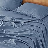 Bedsure Linen Sheets - King Size Sheets, Blend from Linen Cotton Bedsheets, Breathable Cotton Bedsheets, Gifts for All Seasons, 4 Pieces, Blue